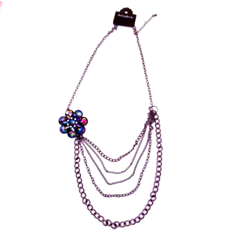 Vintage Y2K Multi Chain Chunky Flower Rhinestone Pewter Tone Statement Necklace